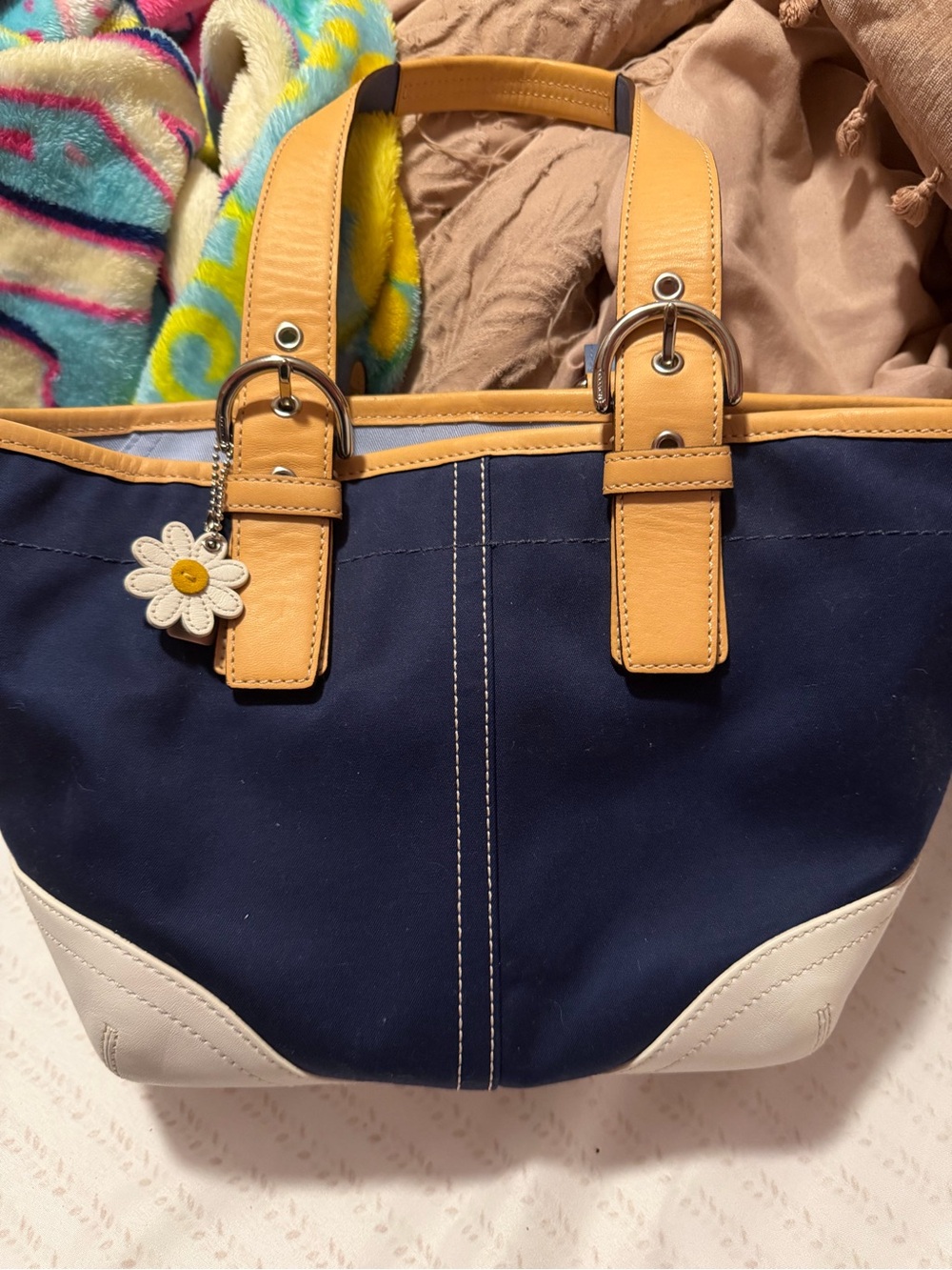 Coach Navy hampton Canvas Shoulder Bag with Tan Leather Trim and White Accents